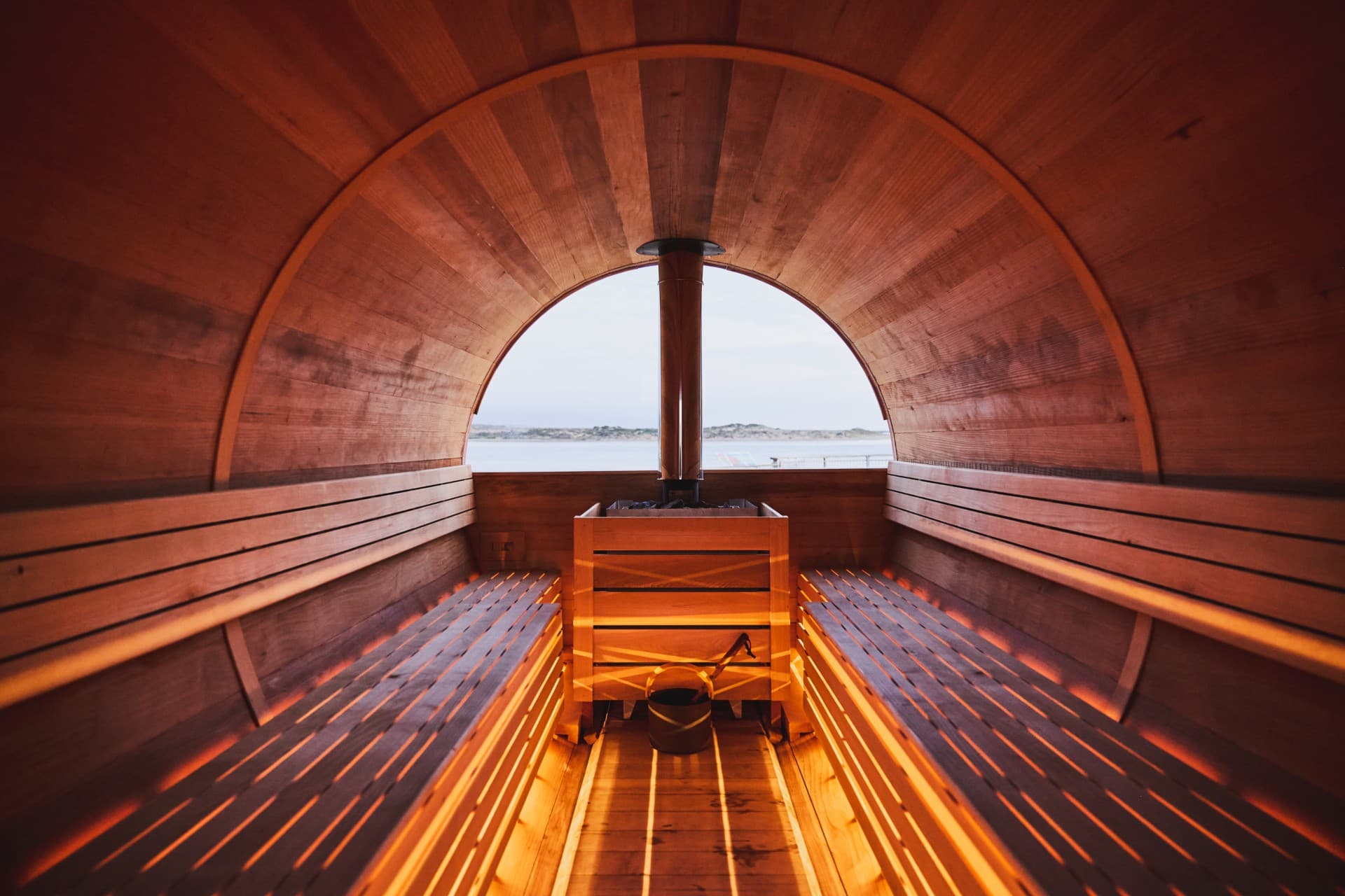 Inside the barrel sauna at Coleman Park, looking out over Morro Bay